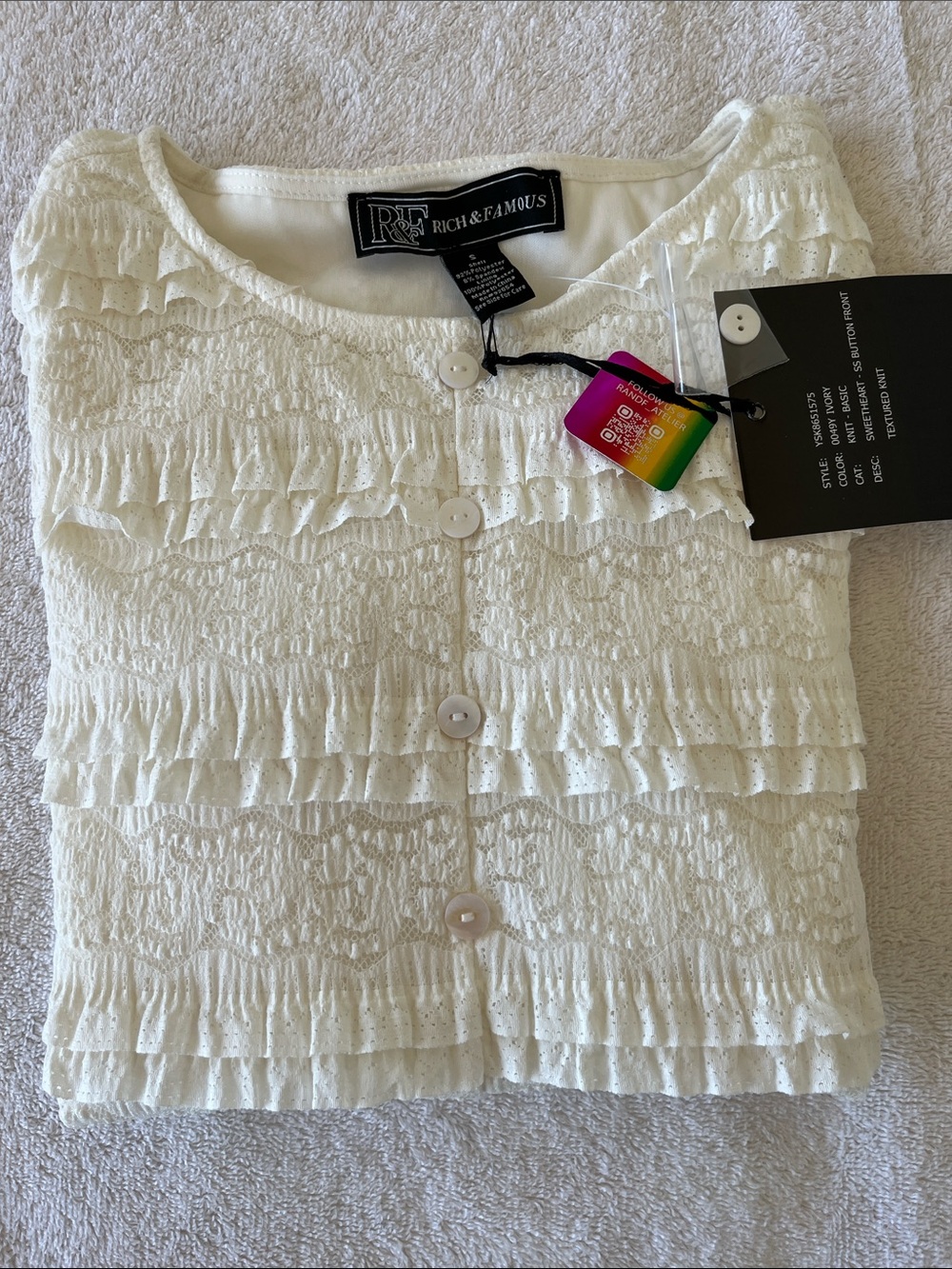 Rich&Famous Ivory Ruffle Button-Front Pullover Women's Top size Junior S - Picture 4 of 11